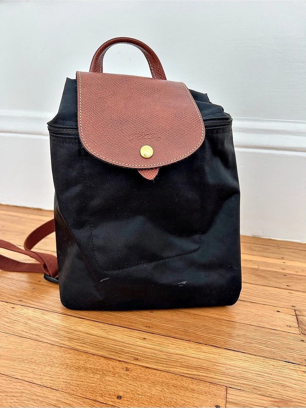 Longchamp Le Pliage Small Backpack in Black with Brown Straps and Leather